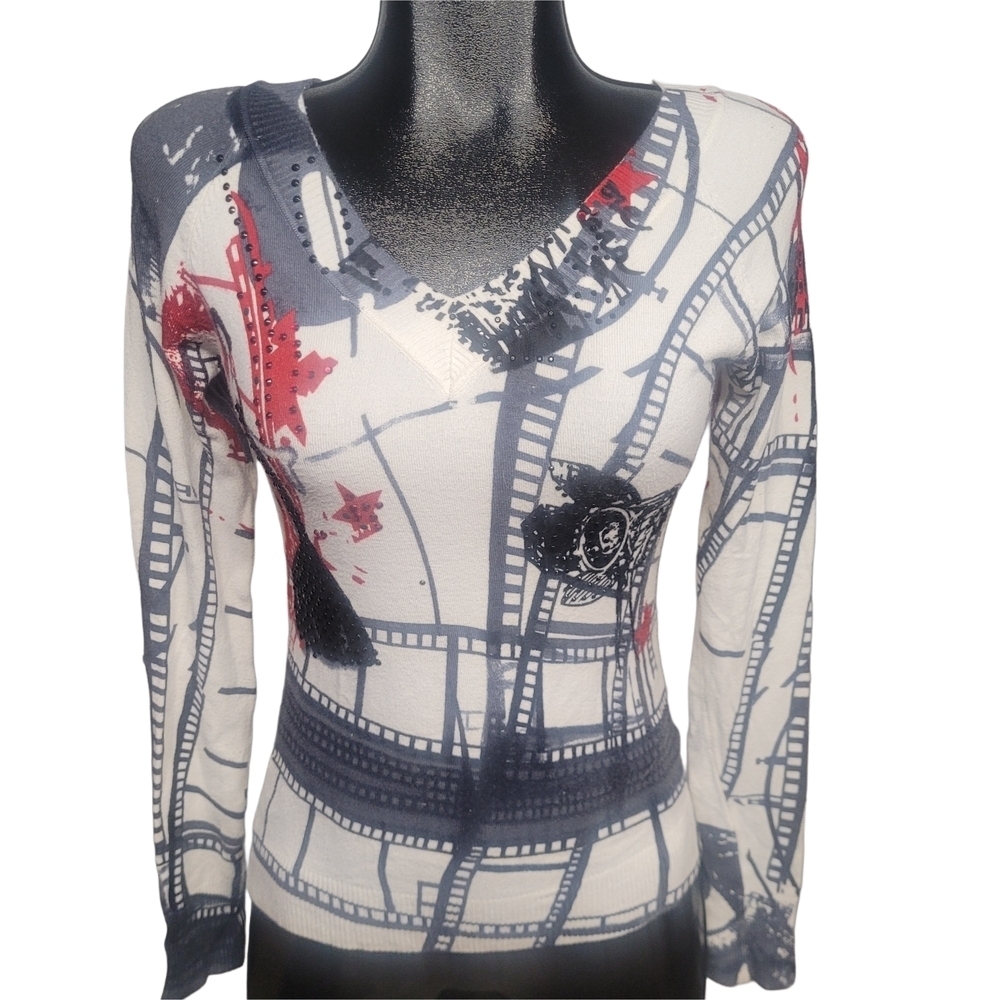 Goa Abstract Print V-Neck Lightweight Sweater Rhinestone Embellished S